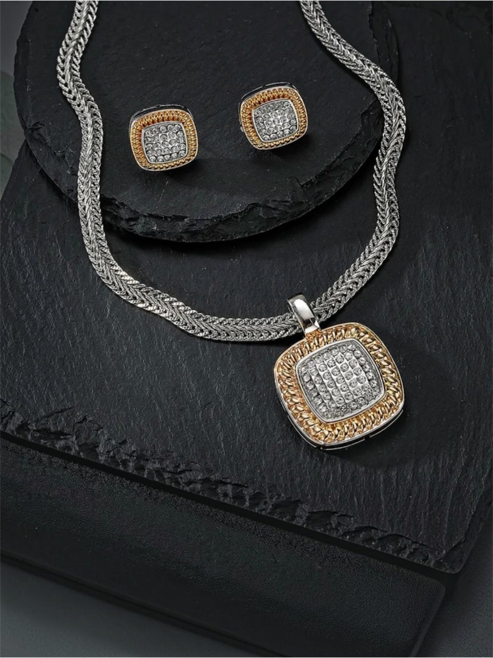 Two-Tone Square Pendant Necklace and Stud Earring Set NWT